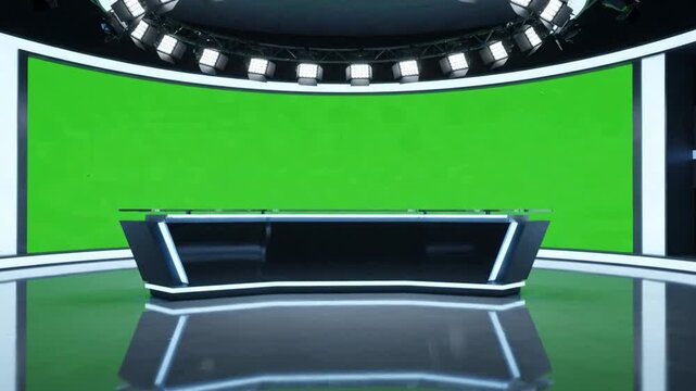 Modern virtual news studio with green screen background, and lighting for, broadcast production virtual studio