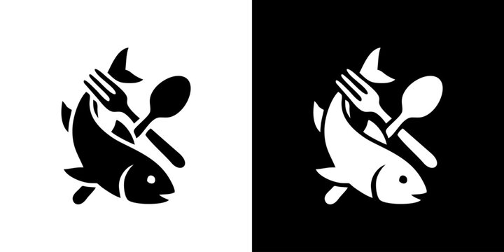 Minimalist Seafood Dining Icon Featuring a Fish Silhouette with Crossed Fork and Spoon Cutlery Symbol for Restaurant Menu Design
