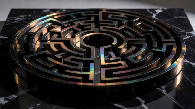 Circular metal maze sculpture resting on a polished black marble surface with dramatic lighting