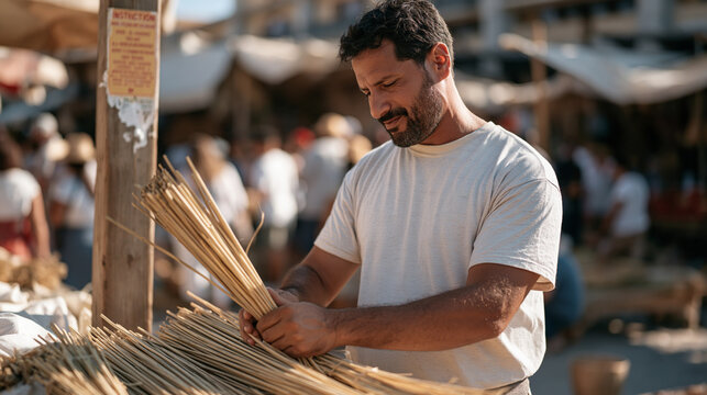 A wattle and daub builder counts bundles of reed by hand in a vibrant outdoor market, a faded instruction sticker peeling from a wooden post nearby, the multicultural crowd moving