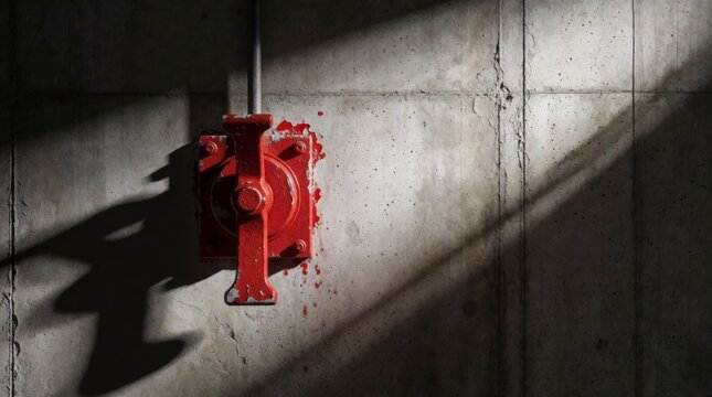 Bright red industrial electrical disconnect switch mounted on a textured grey concrete wall