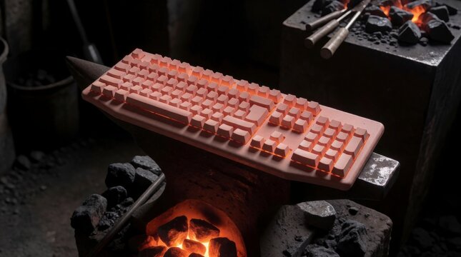 Glowing red hot computer keyboard resting on a metal anvil in a traditional blacksmith workshop