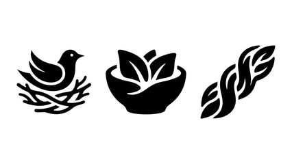 Fototapeta premium On background, featuring bird, sitting in a, nest, bowl, filled with green, leaves, a, decorative braided leaf pattern