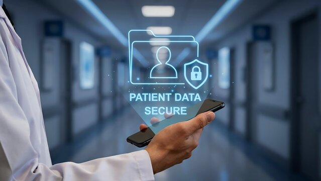 Doctor's hand holding phone displaying patient data security hologram in hospital corridor with bokeh lights