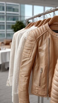 A leather jacket hangs prominently on a rack among light-colored clothing, set in a bright, contemporary space with elegant decor