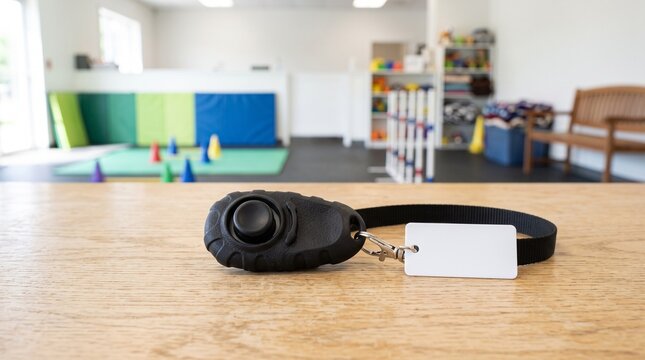Dog training clicker on wooden table in a professional animal education and agility center facility