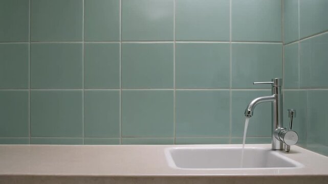 Minimalist Bathroom Counter with Running Water Faucet and Green Tile Wall for Personal Care Product Mockup