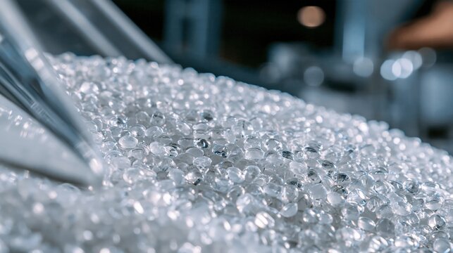 Close-up of clear plastic pellets or resin granules in industrial processing for manufacturing and production
