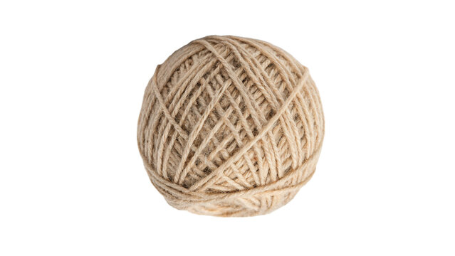 Large round ball of natural brown jute twine rope isolated on transparent background.