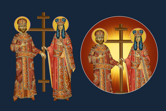 Saint Constantine and Helena. Illustration - fresco set in Byzantine style