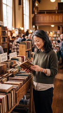 Mature East Asian Woman Browsing Vintage Book Fair