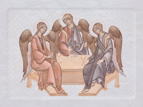 Holy trinity. Christian illustration in Byzantine style in pastel colors