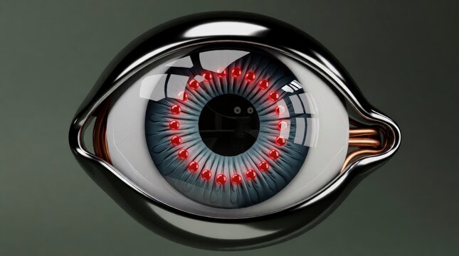 Close up of a stylized mechanical human eye with metallic iris and glowing red digital circuitry