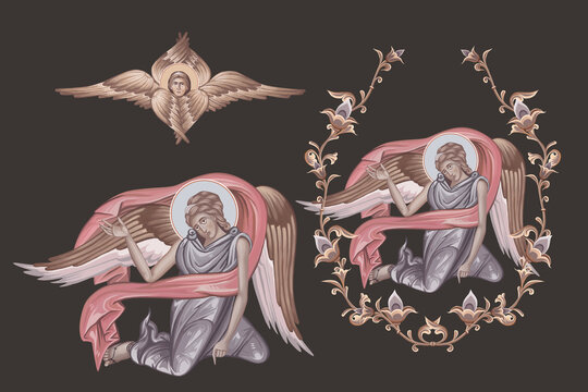 Angel. Christian pastel illustration kit in Byzantine style isolated