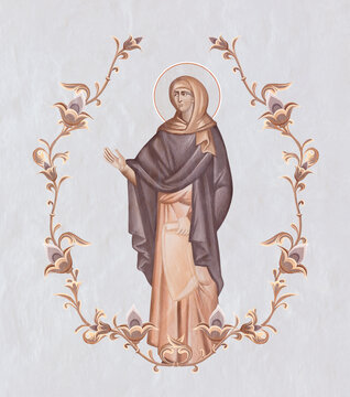 Anna the Prophetess. Christian pastel illustration in Byzantine style in floral frame