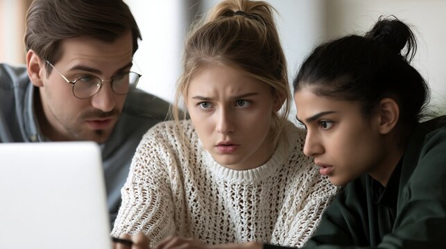 Two women and man focused on laptop screen with concerned expressions