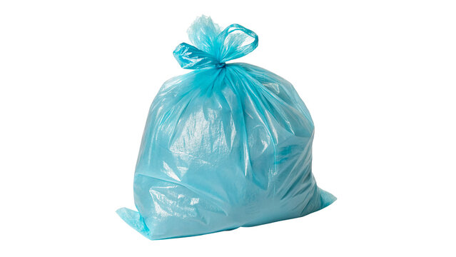 Single filled tied blue plastic garbage trash bag isolated on transparent background.