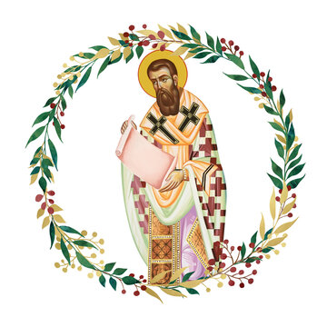 Gregory Palamas. Decorative vintage floral wreath, illustration in Byzantine style isolated