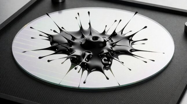 Black ferrofluid liquid forming spikes on a circular metallic surface in a laboratory setting