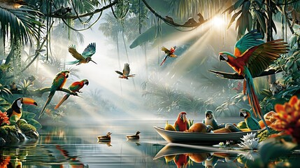 Fototapeta premium Vibrant Amazonian Rainforest Scene with Exotic Birds, Lush Vegetation, and Sunbeams Over Water