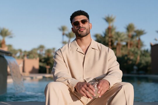 Confident man seated by pool at luxury resort in summer for lifestyle banner and portrait background design wearing beige shirt and sunglasses beside water feature