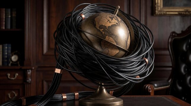 Vintage globe wrapped in black electrical cables sitting on a dark wooden desk in a library office