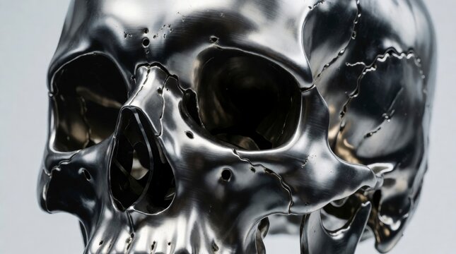 Polished chrome human skull sculpture isolated on a clean white background with reflective surface