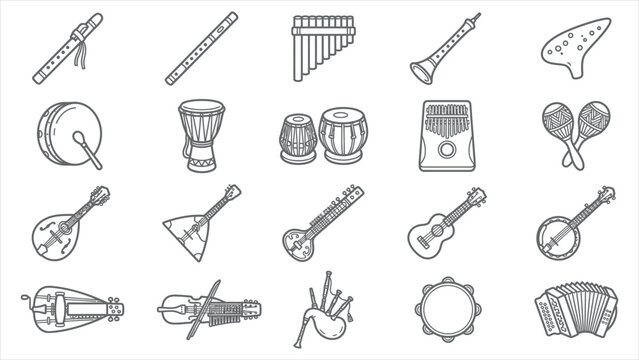 Set of musical instruments outline icons, isolated on white background