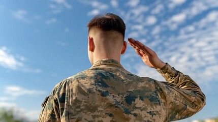 Obraz premium Rear view of a soldier in camouflage uniform saluting against a blue sky with clouds