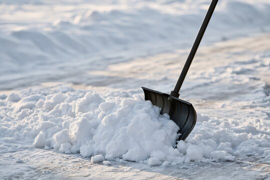 Shovel pushing fresh white snow on a cold winter day