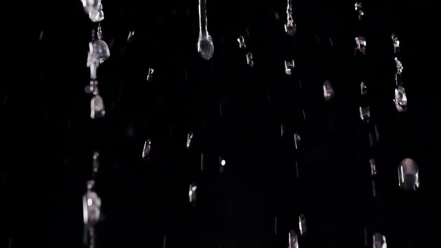 Clear Water Droplets Fall Against an Isolated Black Background, Macro View Highlights Liquid Motion, Freshness and Purity