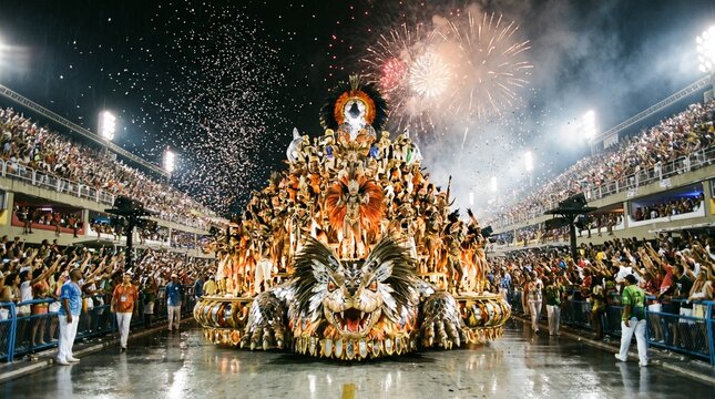 Low-angle perspective of vibrant samba school float moving down Sambadrome during Rio Carnaval, colorful feathered costumes, dancers, festive Brazilian parade in Rio City