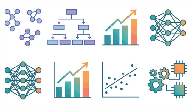 Set of data science and machine learning icons, neural network, decision tree, analytics graph, linear regression and algorithm flowcharts