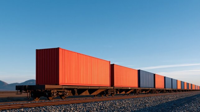 Long freight train with red and blue shipping containers on rails for transport banner and industrial logistics background