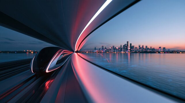 Maglev high speed train motion blur along waterfront with illuminated city skyline for transport background and futuristic poster