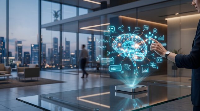 Artificial intelligence brain network concept with person interacting in lobby