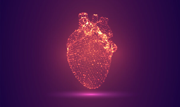 3D object made of dots, bright glow against a purple and magenta background