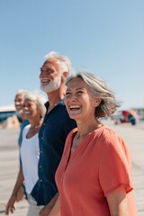 Fototapeta premium Smiling senior couple and friends walking on sunny boardwalk background for travel and wellness banner design