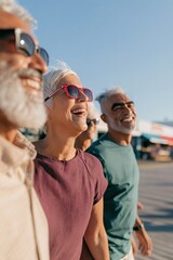 Fototapeta premium Smiling senior friends walking on boardwalk background for lifestyle banner and travel poster design