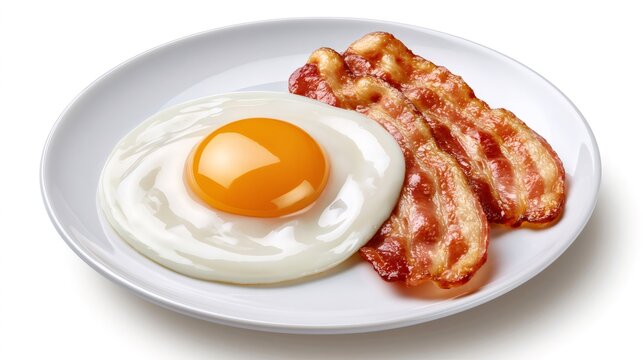 Fried egg and crispy bacon on white plate for breakfast