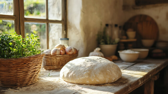 A round ball of dough rests on a sunlit wooden table beside fresh herbs and baking essentials in a rustic kitchen, evoking warmth and homemade preparation, elegantly showcasing gourmet.