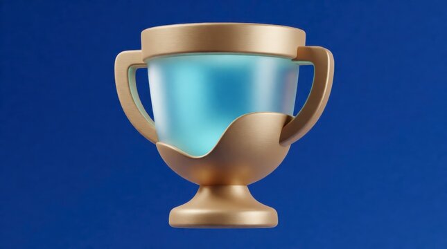 Gold trophy cup with blue liquid award winner design on solid blue background