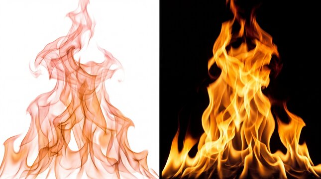 Dynamic fire flames on black and white backgrounds, blazing orange fire tongues, hot burning campfire heat elements for graphic design