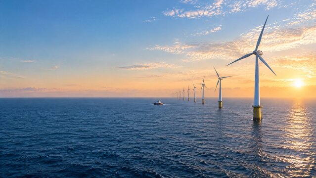 Offshore wind turbines generating renewable energy at sunset