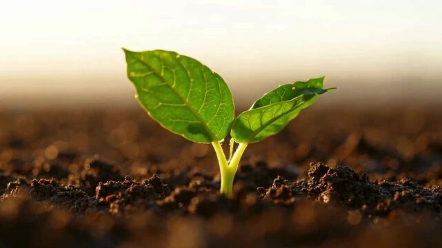 Small green sprout growing from dark fertile soil at sunrise seedling growth