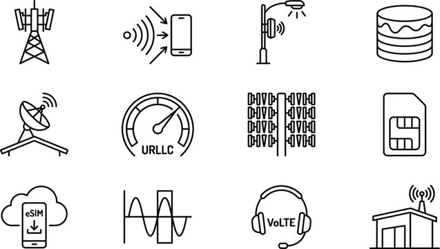 5G telecommunication and wireless network technology line icon set featuring cell tower satellite antenna eSIM sim card and data signals vector