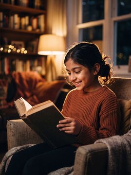 Cheerful South Asian Girl Reading Classic Literature Book