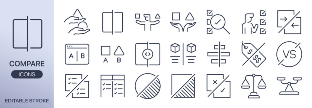 Comparison line icon set. It includes choose, ab testing, choice, decision, side-by-side compare,&nbsp;and more icons. Editable Vector Stroke.