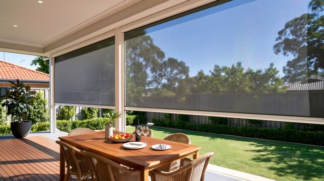 Outdoor patio blinds shading a dining area