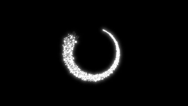 White glowing particle circles and curved rings forming abstract loading animations on a black background